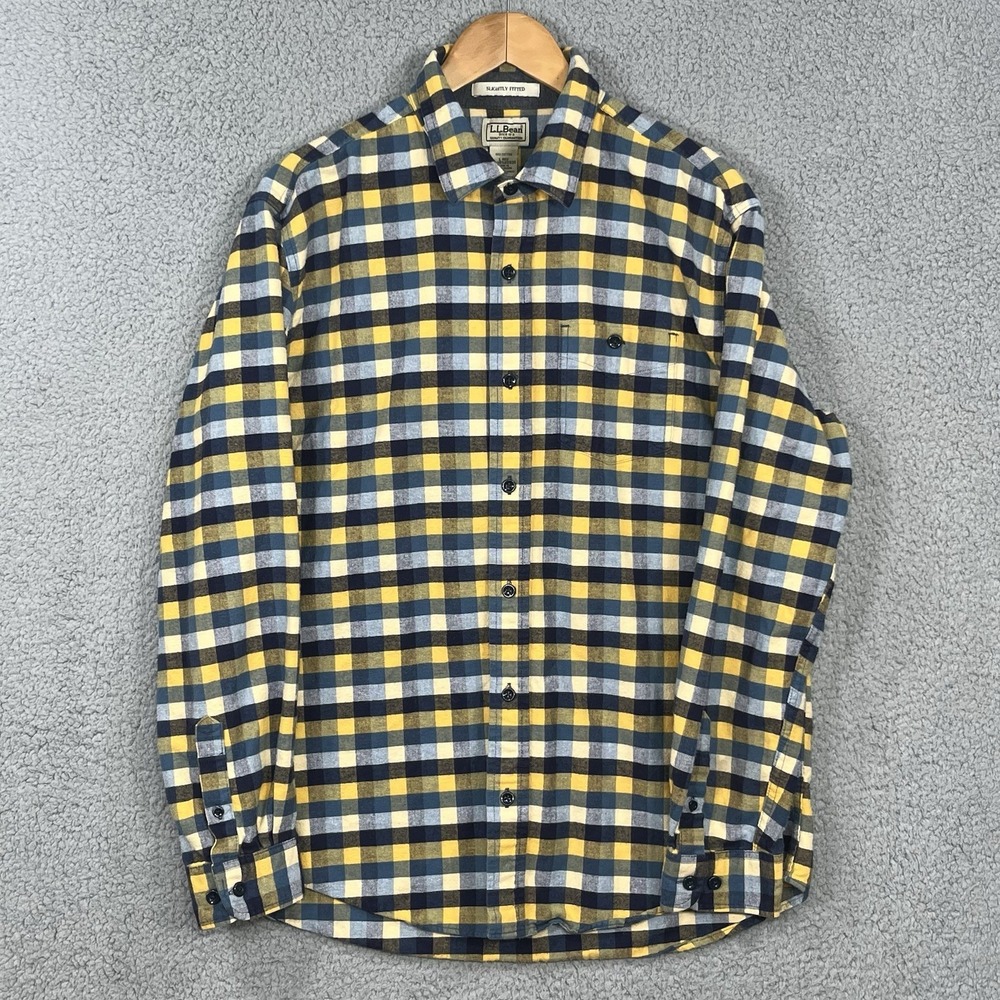 LL Bean Shirt Mens Large Yellow Blue Plaid Button Up Flannel Slightly Fitted